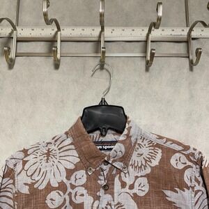 Reyn Spooner Shirt Men M Brown Linen Cotton Multicolor Hawaiian Floral Button Up